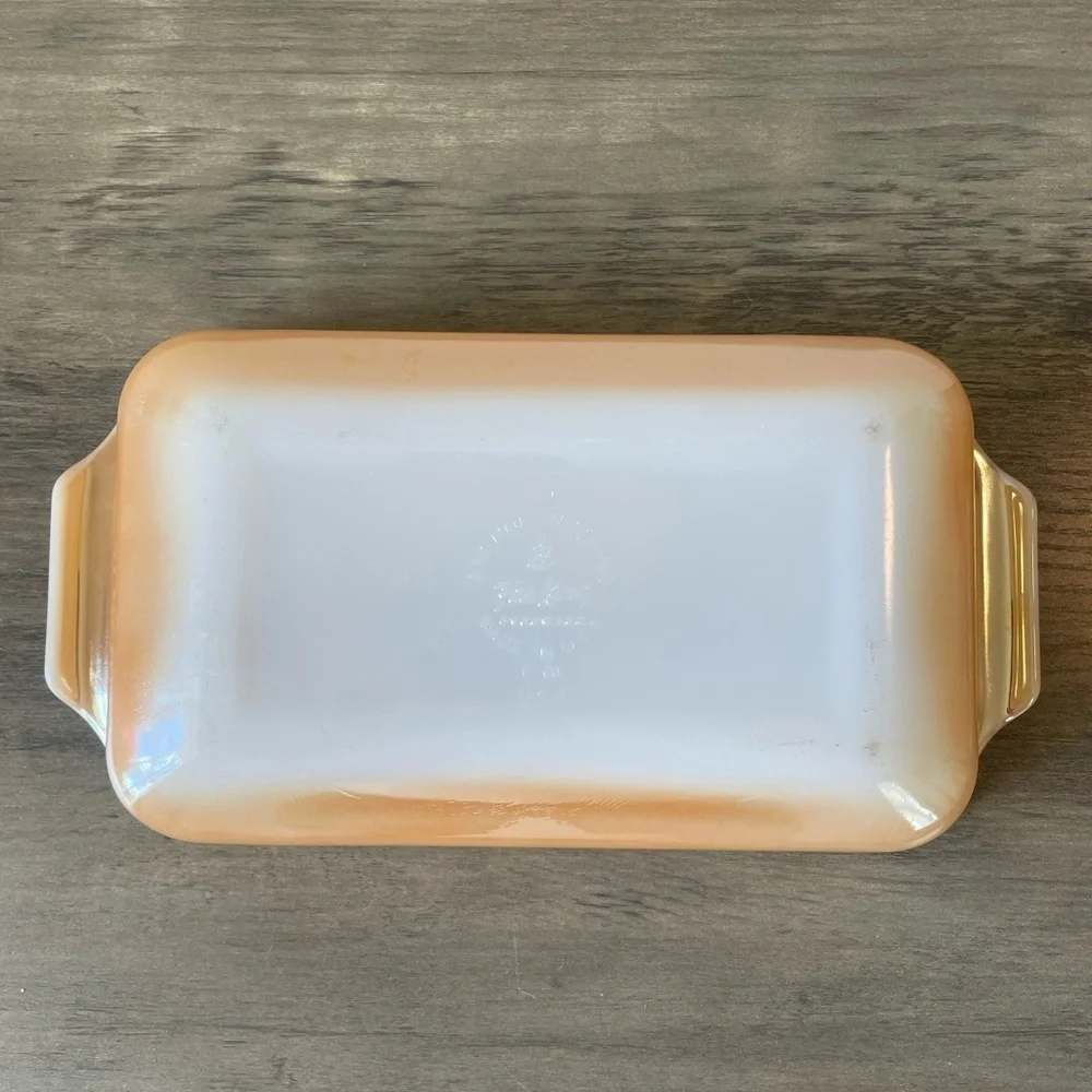 Anchor Hocking FireKing glass bread pan, carnival glass orange color, vintage